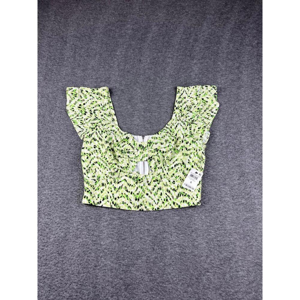 Bar III Women's Green Patterned Crop Top with Ruffle Sleeves Size 6